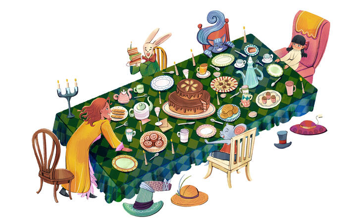 Alice sitting in tea party with banquet of food